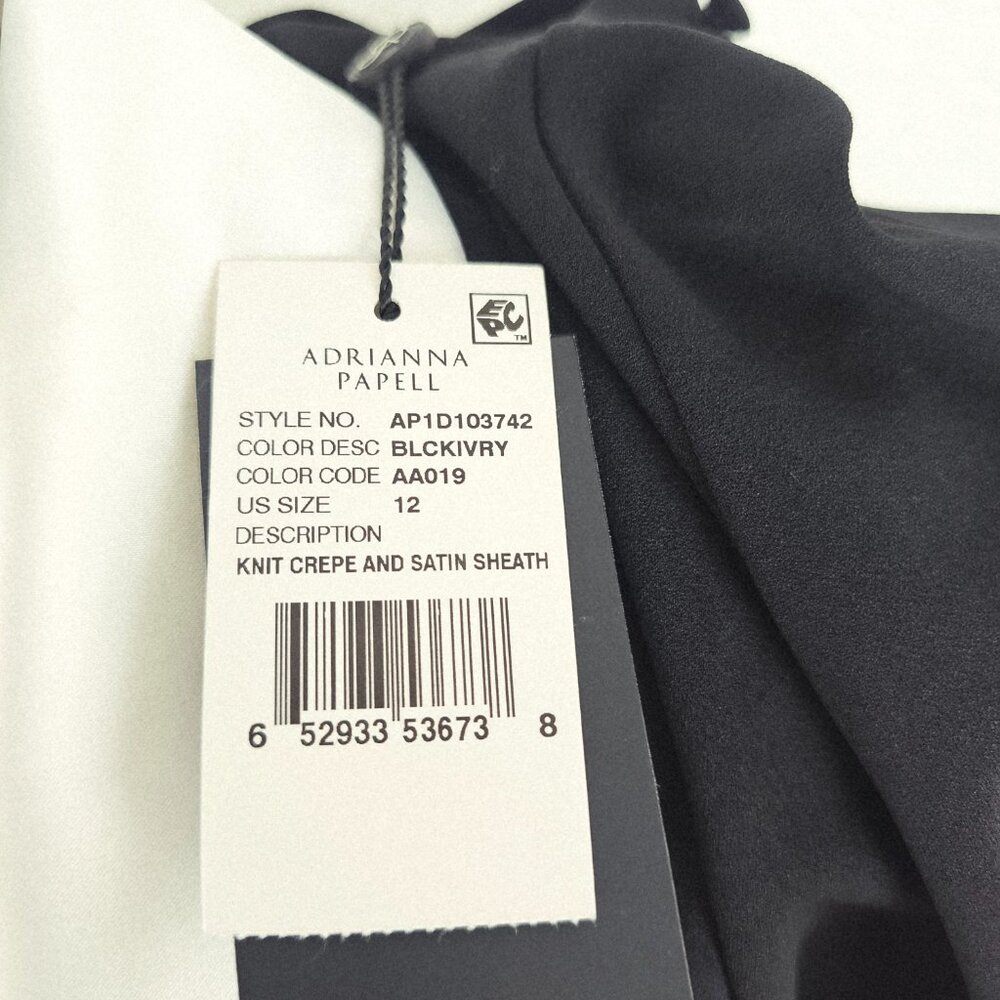 Adrianna Papell Tuxedo Black Ivory Knit Crepe & Satin Sheath Dress Size 12 - Picture 8 of 9